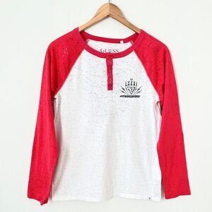 Guess 90s Y2K Graphic Print Henley Baseball Tee Red And White Size L